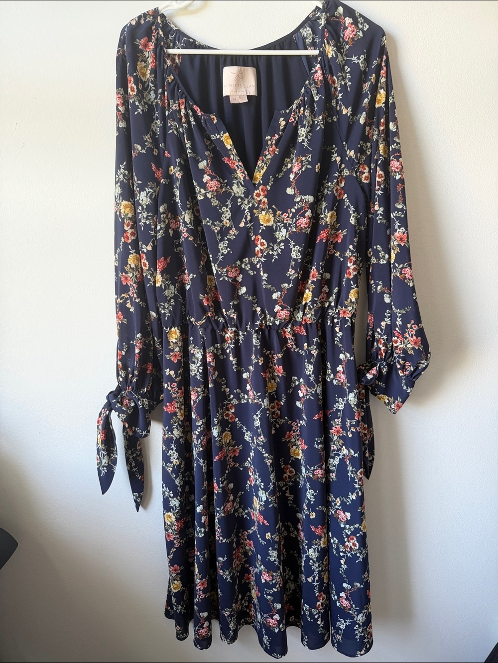 Gal Meets Glam Navy Floral Long Sleeve Wrap Midi Dress